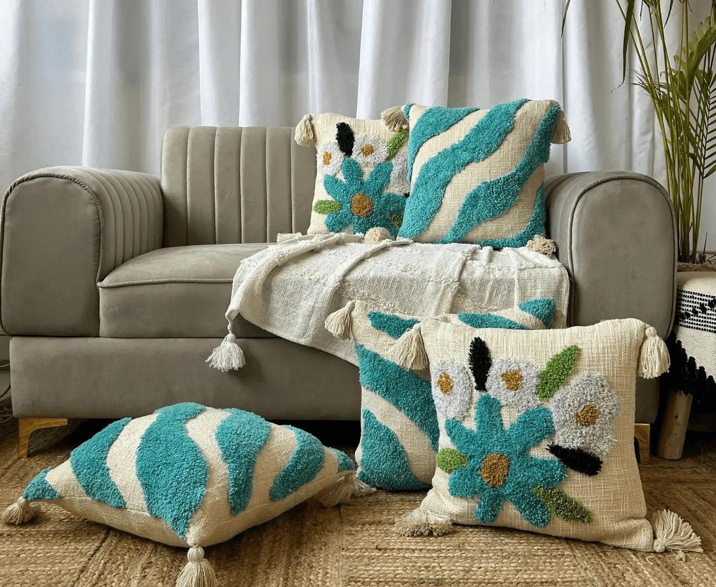 Blue Beach Theme Tufted Premium Cushion Cover